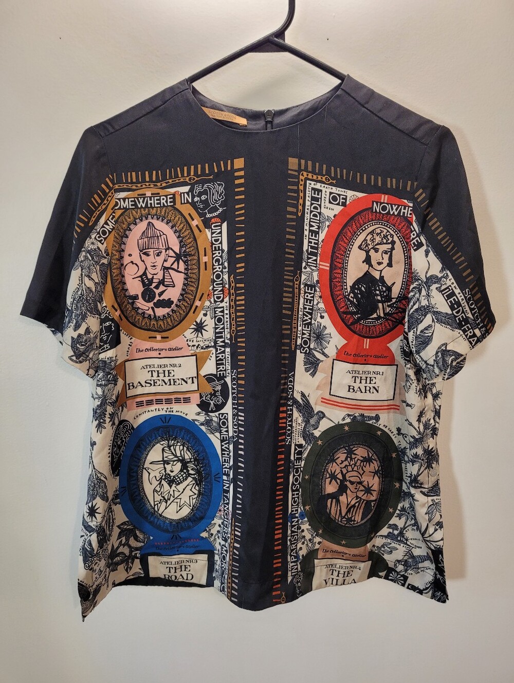 Rare Scotch & Soda Multicolor Wearable Art Graphic Panel Satin Blouse - Size S